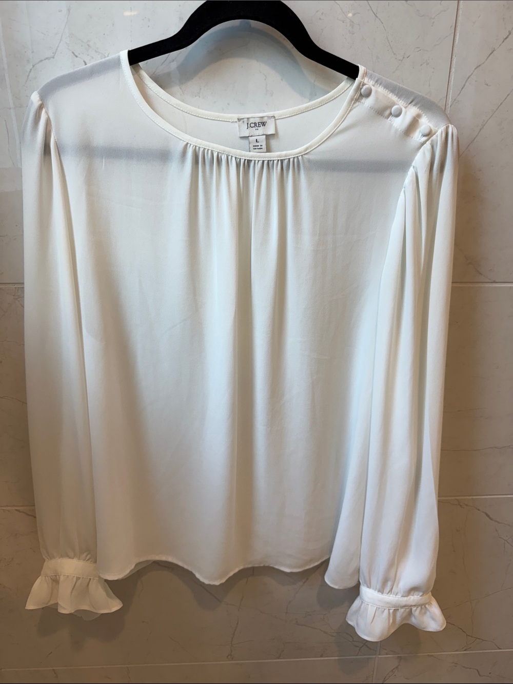 J. Crew Cream Long-Sleeve Ruffle Cuff Button-Shoulder Blouse